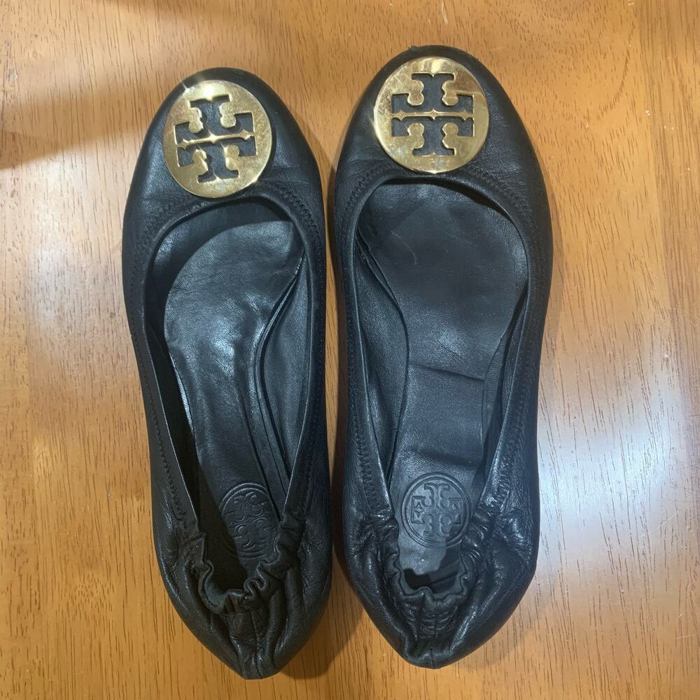 Tory Burch Black Ballet Flats Gold Medallion Size 8